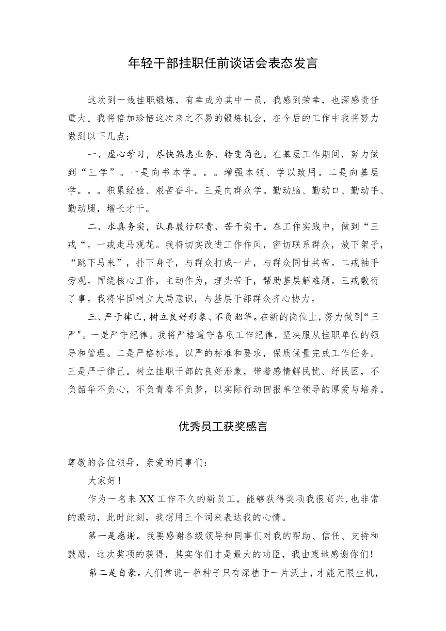 年轻干部挂职任前谈话会表态发言和优秀员工感言（范文）.docx_第1页