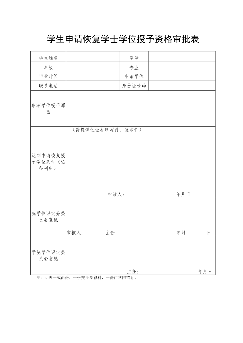 学生申请恢复学士学位授予资格审批表.docx_第1页