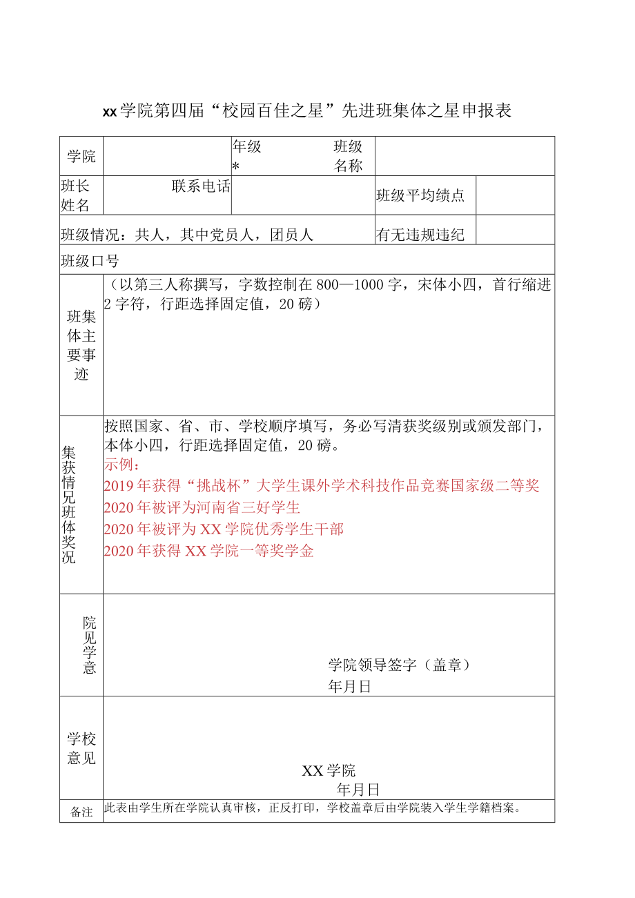 学院第四届“校园百佳之星”先进班集体之星申报表.docx_第1页