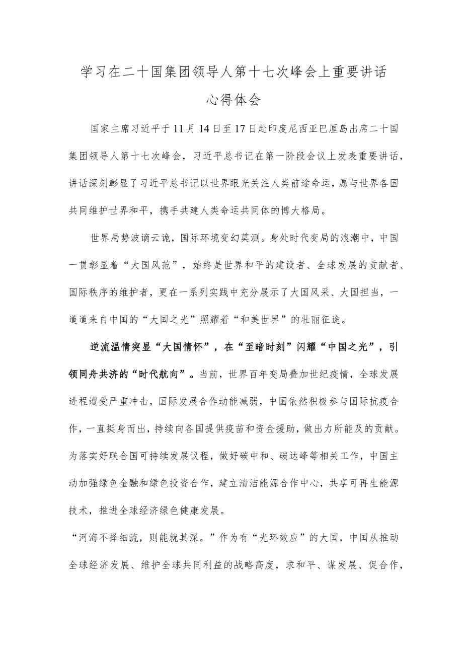 学习在二十国集团领导人第十七次峰会上重要讲话心得体会.docx_第1页