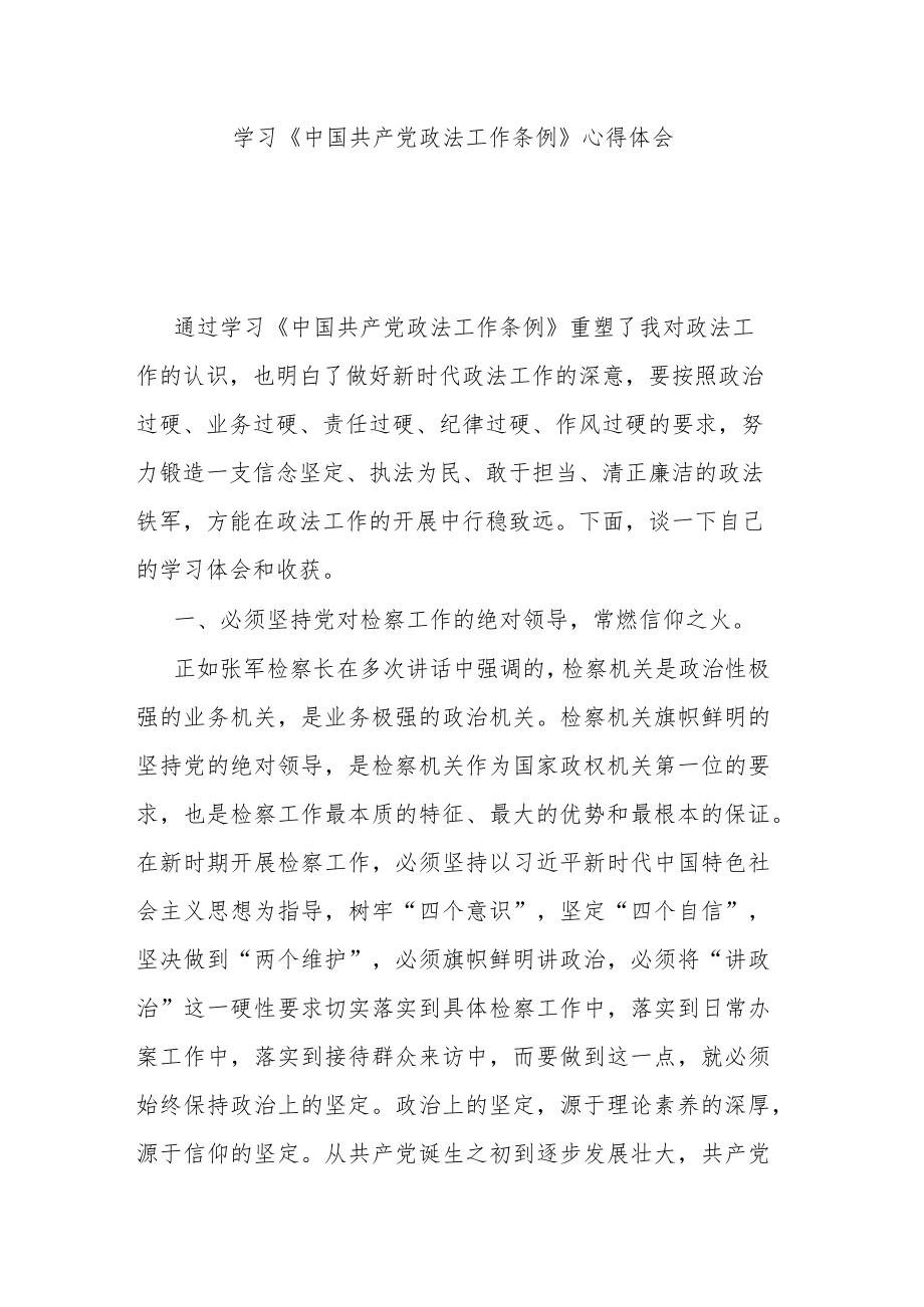 学习《中国共产党政法工作条例》心得体会.docx_第1页