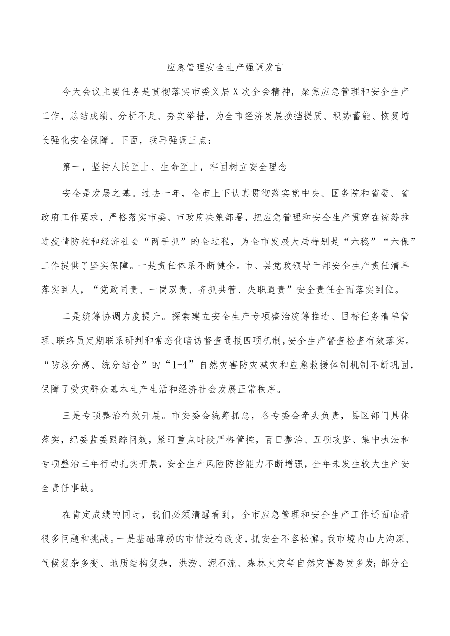 应急管理安全生产强调发言.docx_第1页