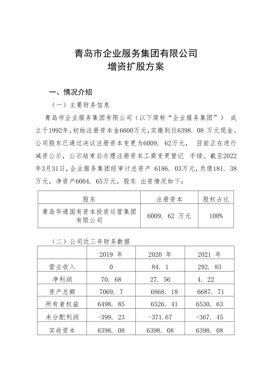 青岛市企业服务集团有限公司增资扩股方案.docx_第1页