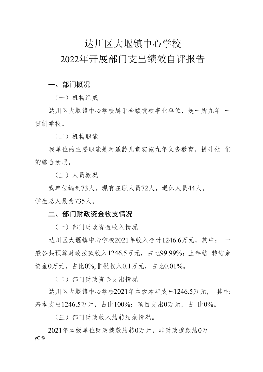 达川区大堰镇中心学校2022年开展部门支出绩效自评报告.docx_第1页