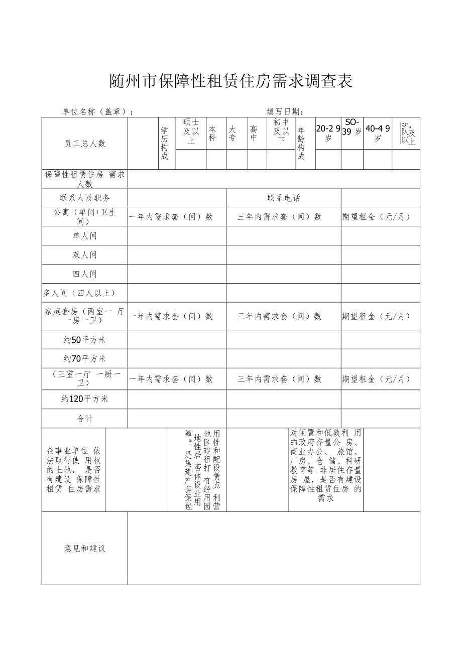 随州市保障性租赁住房需求调查表.docx_第1页