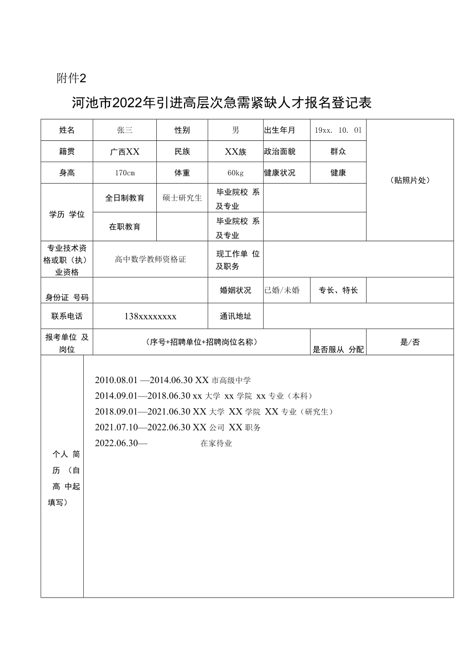 附件2：河池市2022年引进高层次急需紧缺人才报名登记表.docx_第1页