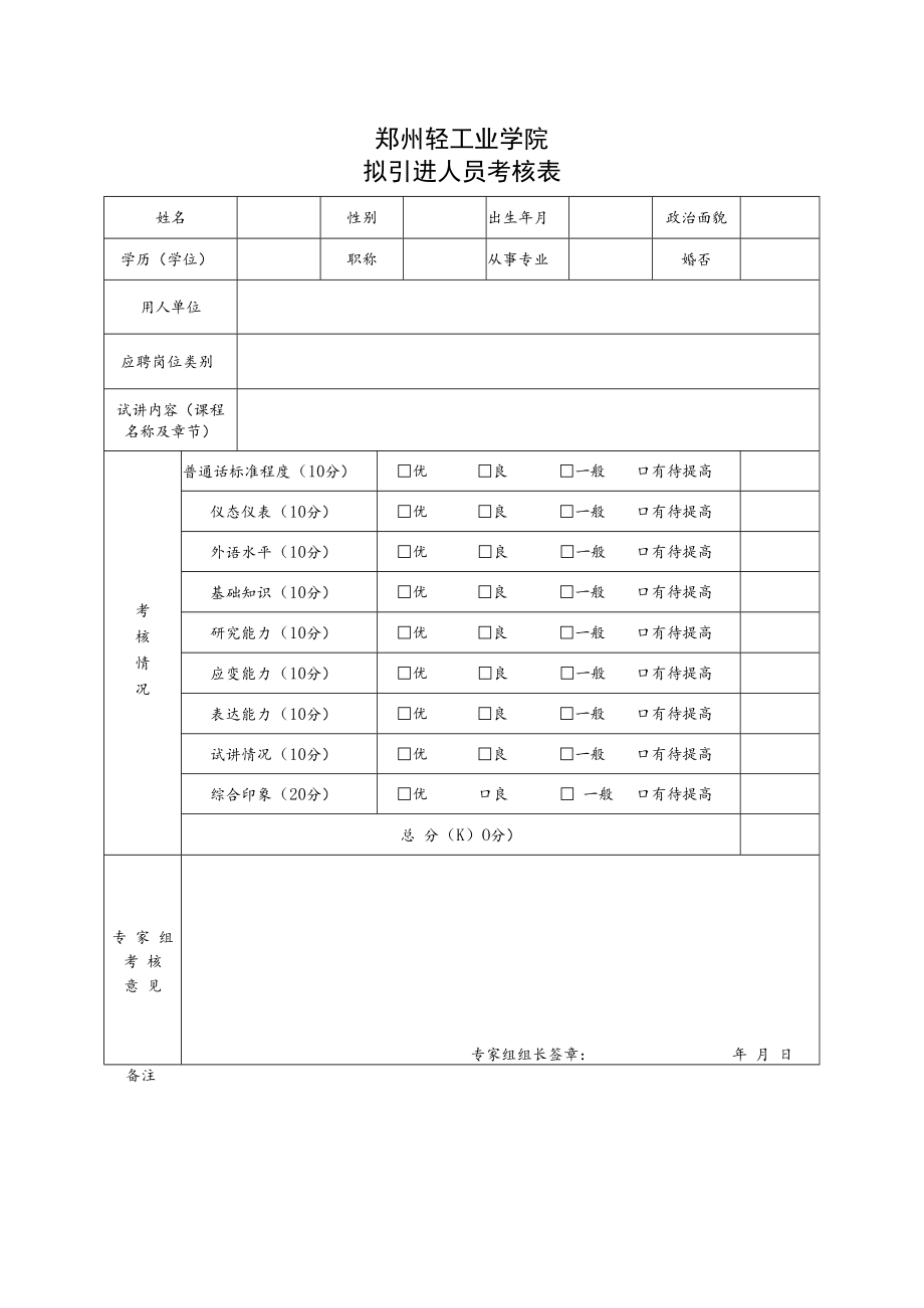 郑州轻工业学院拟引进人员考核表.docx_第1页