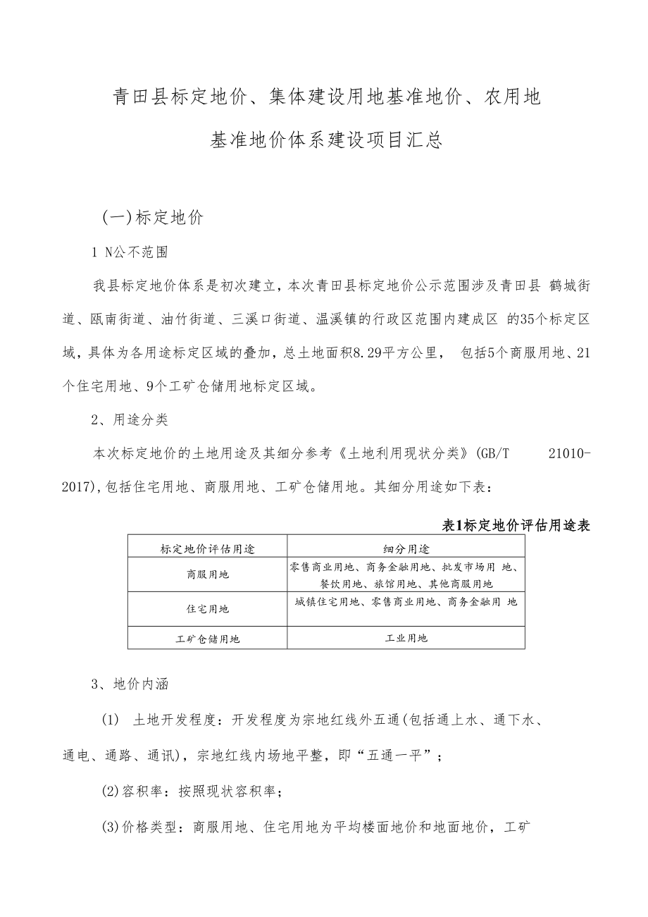 青田县标定地价、集体建设用地基准地价、农用地基准地价体系建设项目汇总.docx_第1页