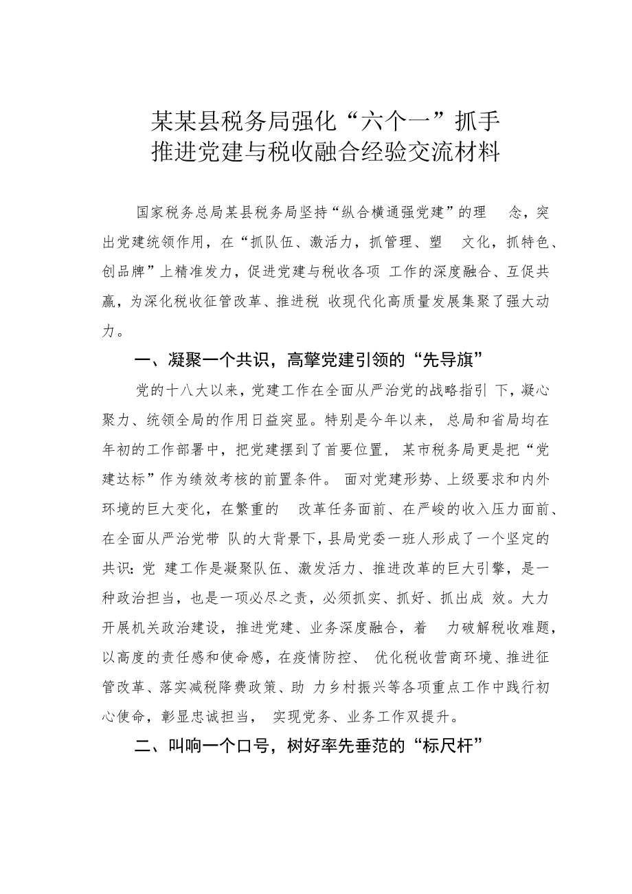 某某县税务局强化“六个一”抓手推进党建与税收融合经验交流材料.docx_第1页