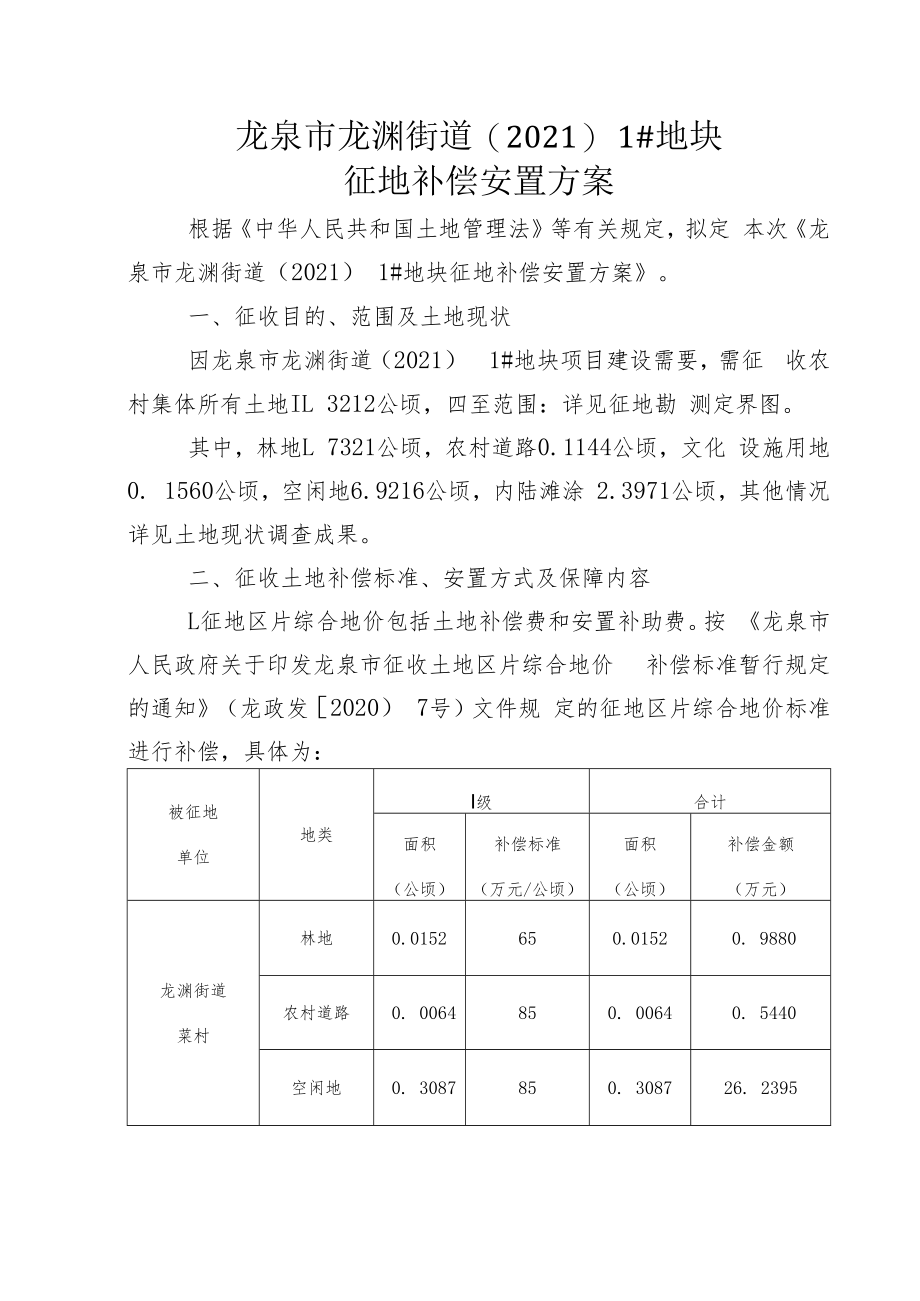 龙泉市龙渊街道20211#地块征地补偿安置方案.docx_第1页