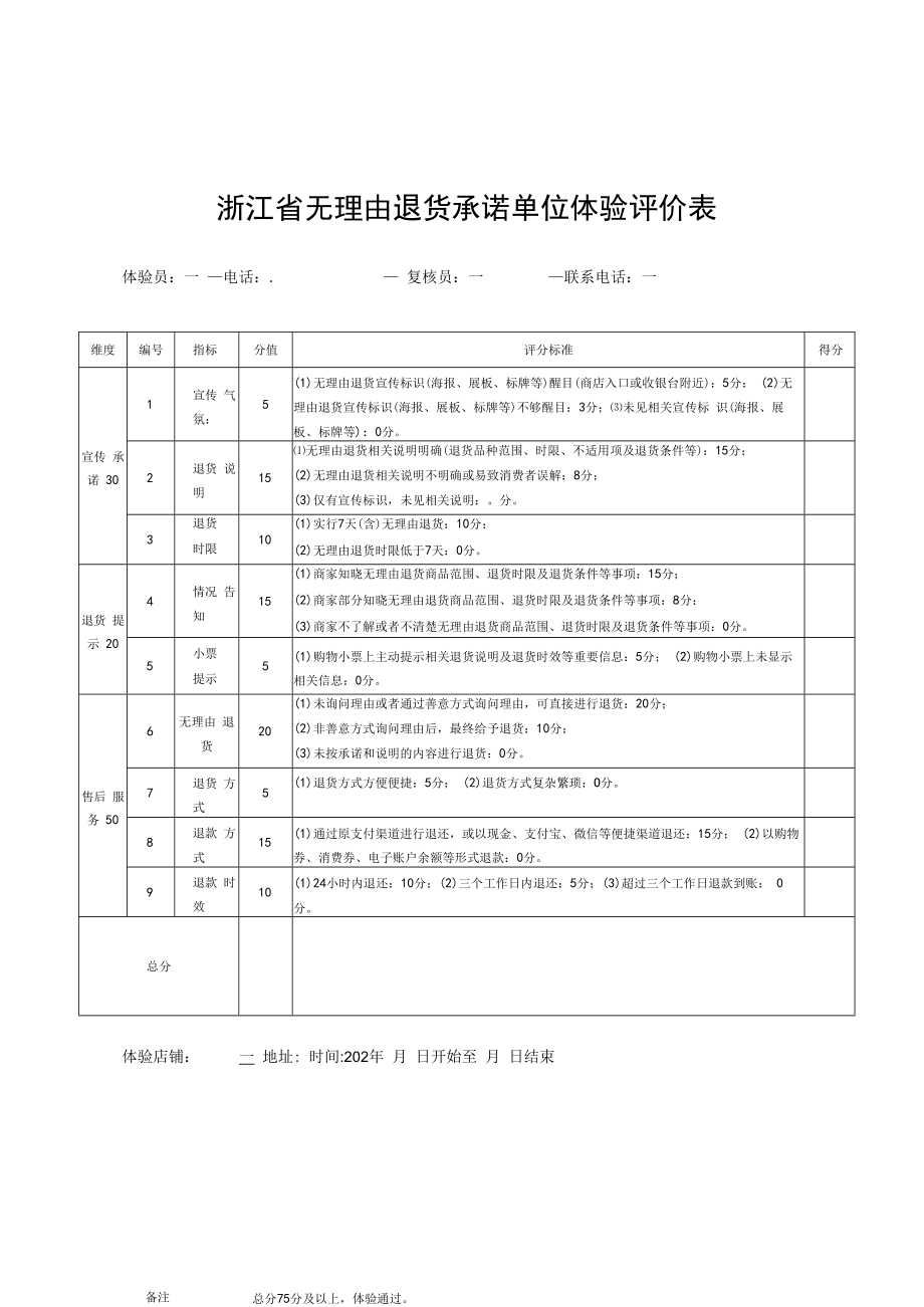 浙江省无理由退货承诺单位体验评价表.docx_第1页