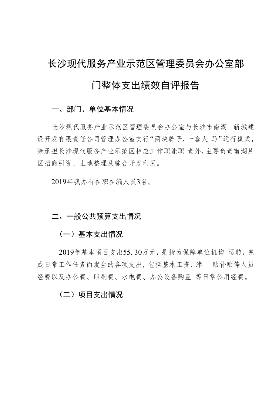 长沙现代服务产业示范区管理委员会办公室部门整体支出绩效自评报告.docx_第1页