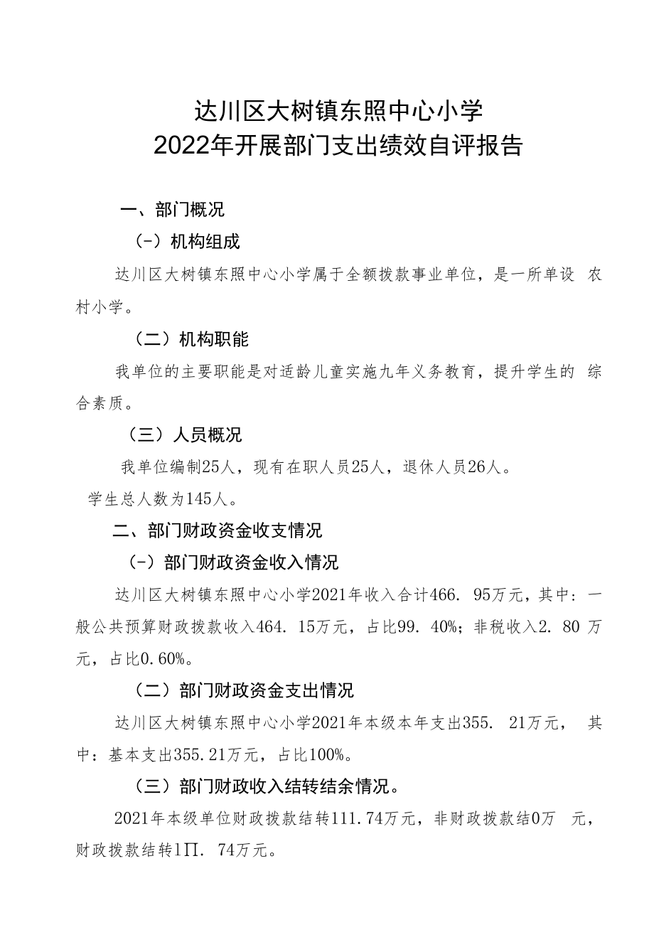 达川区大树镇东照中心小学2022年开展部门支出绩效自评报告.docx_第1页