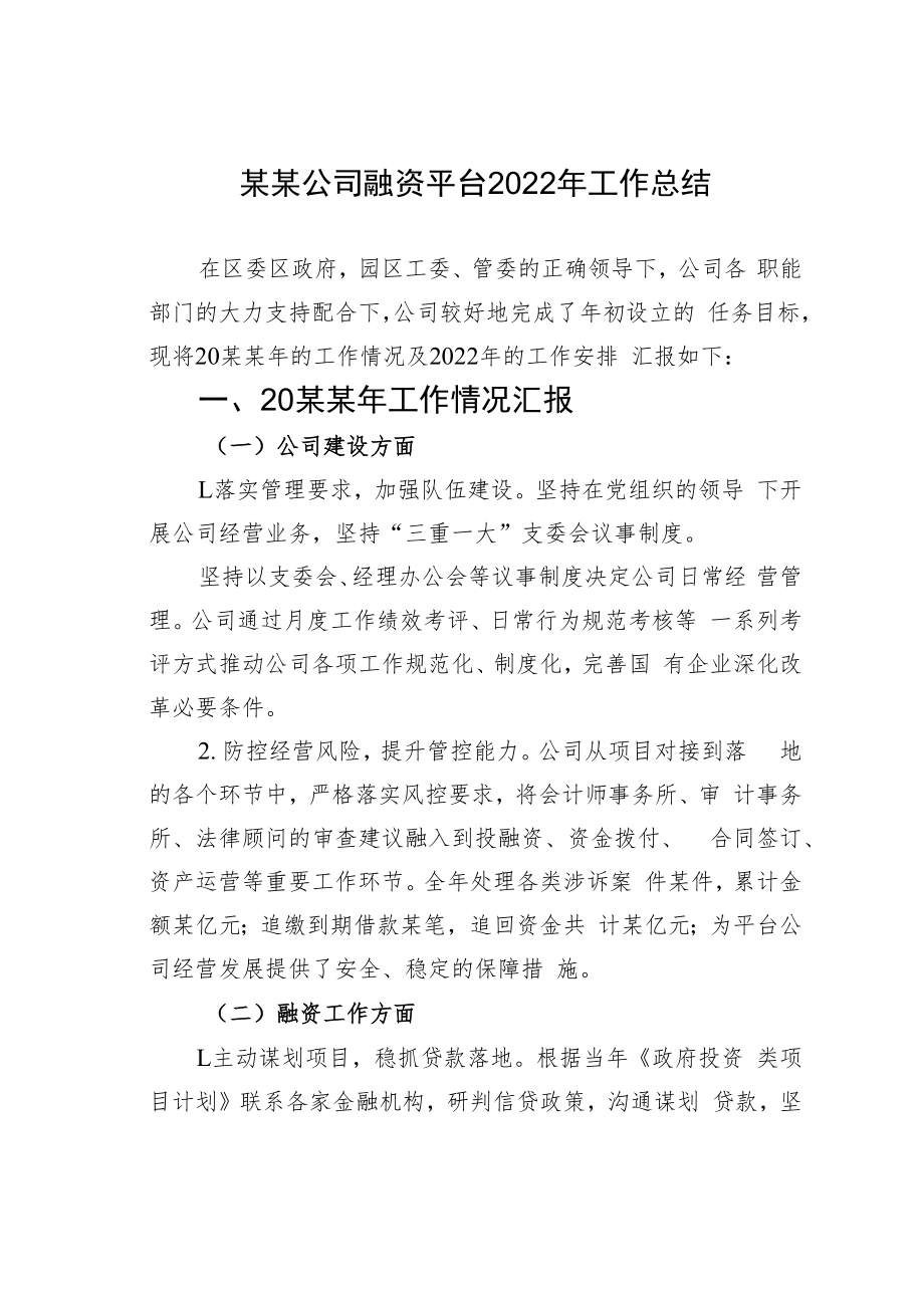 某某公司融资平台2022年工作总结.docx_第1页