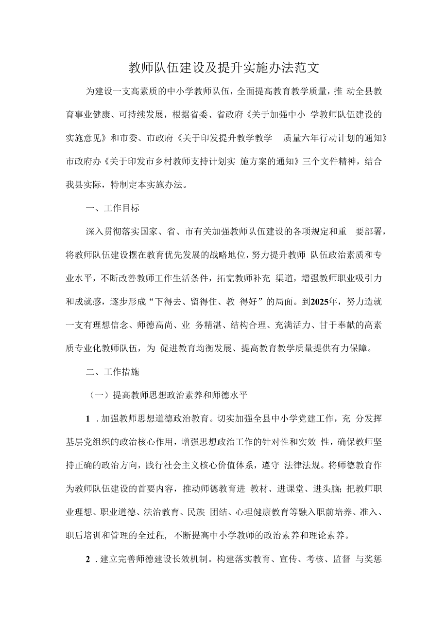 教师队伍建设及提升实施办法范文.docx_第1页