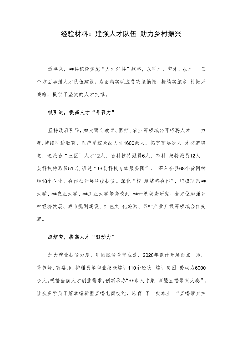 经验材料：建强人才队伍 助力乡村振兴.docx_第1页