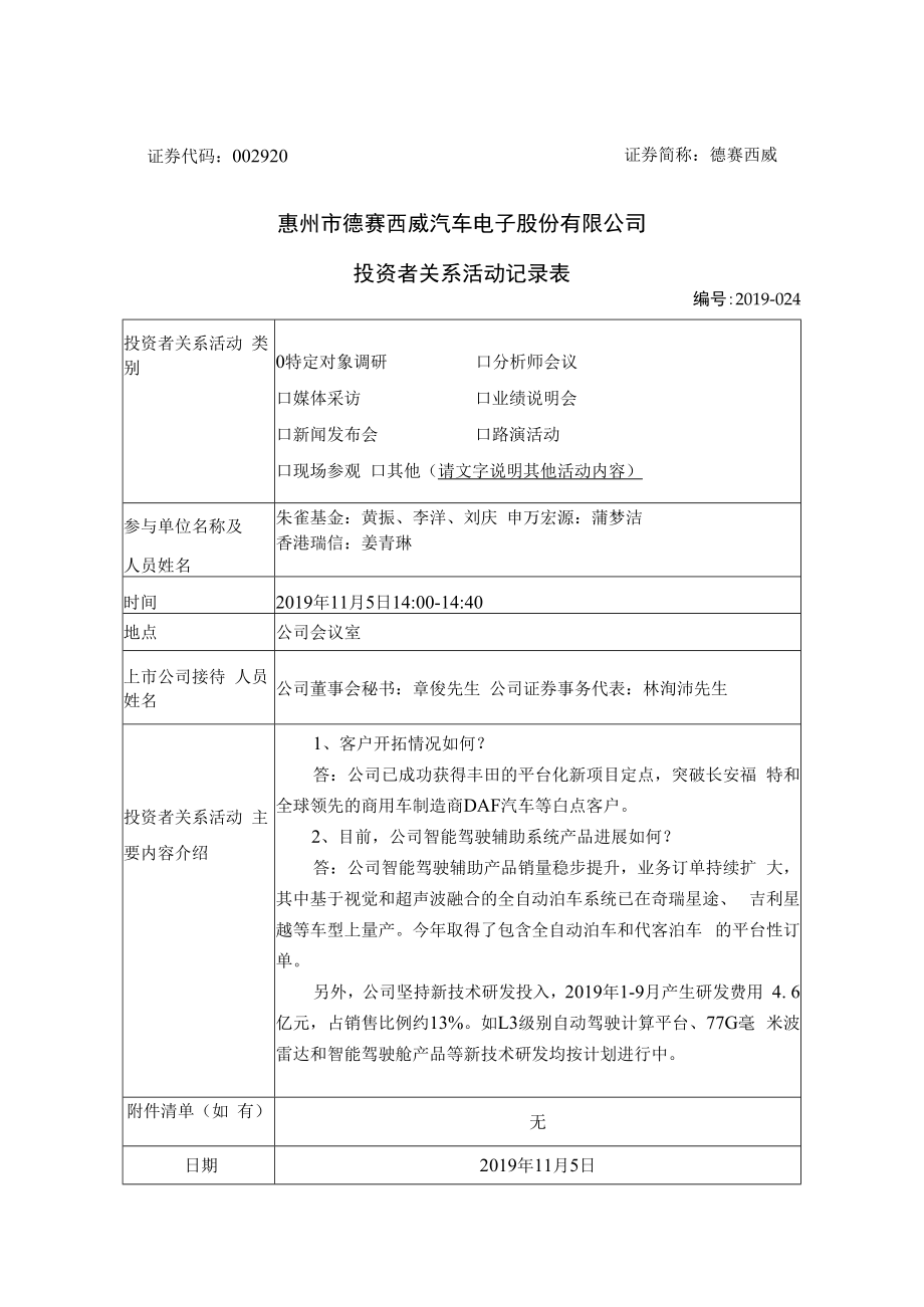 证券简称德赛西威惠州市德赛西威汽车电子股份有限公司投资者关系活动记录表.docx_第1页