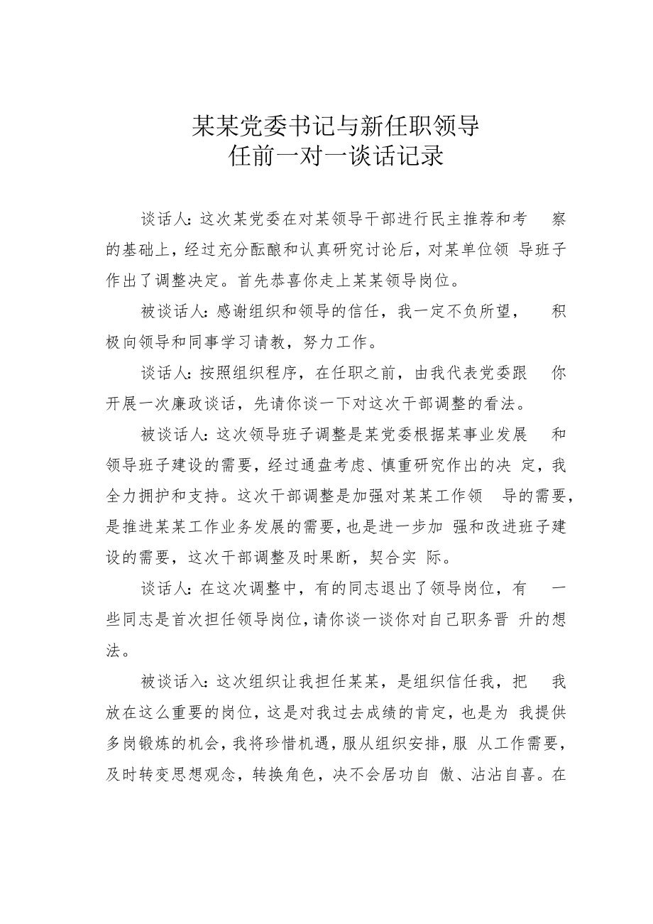 某某党委书记与新任职领导任前一对一谈话记录.docx_第1页