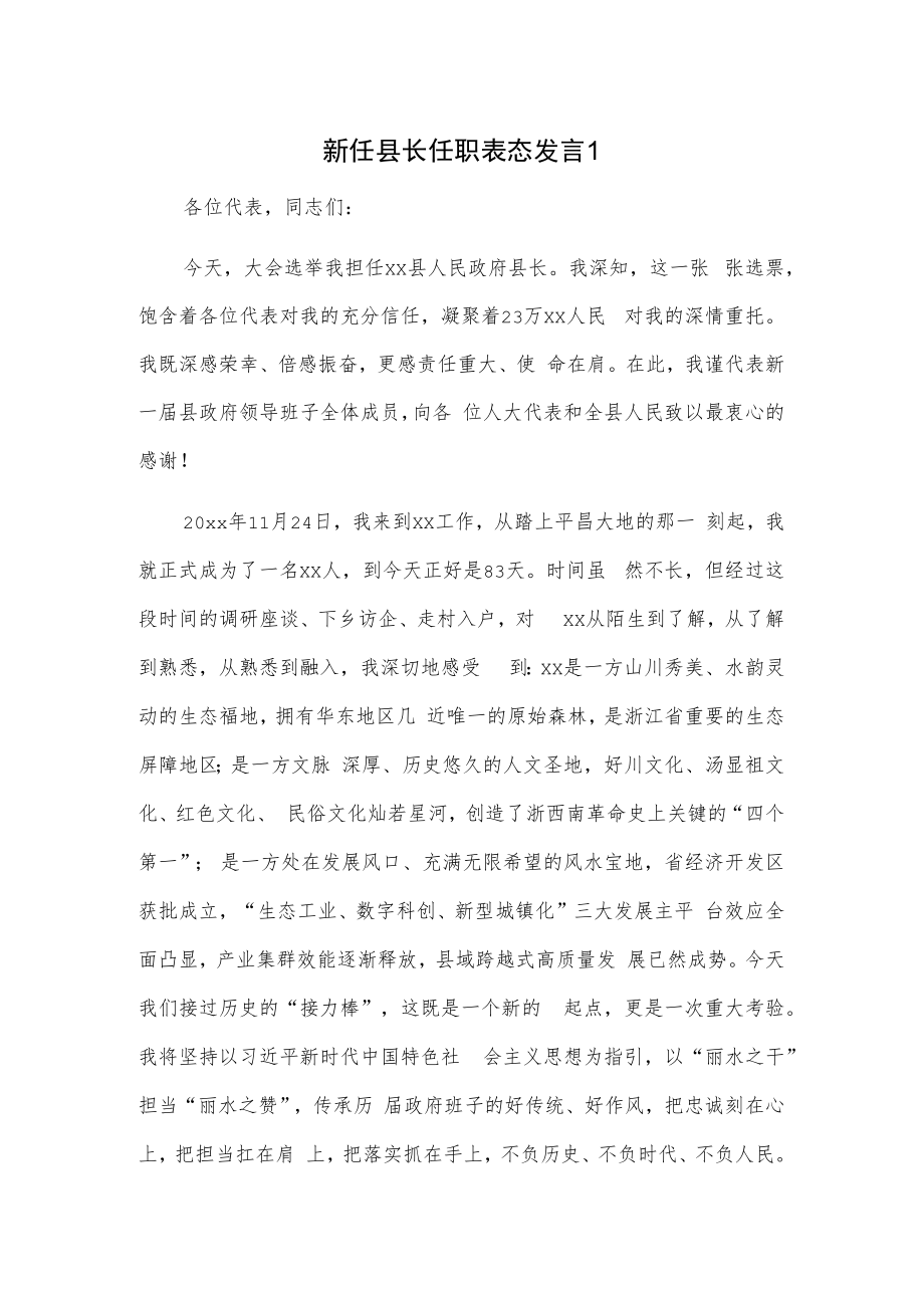 新任县长任职表态发言2篇.docx_第1页