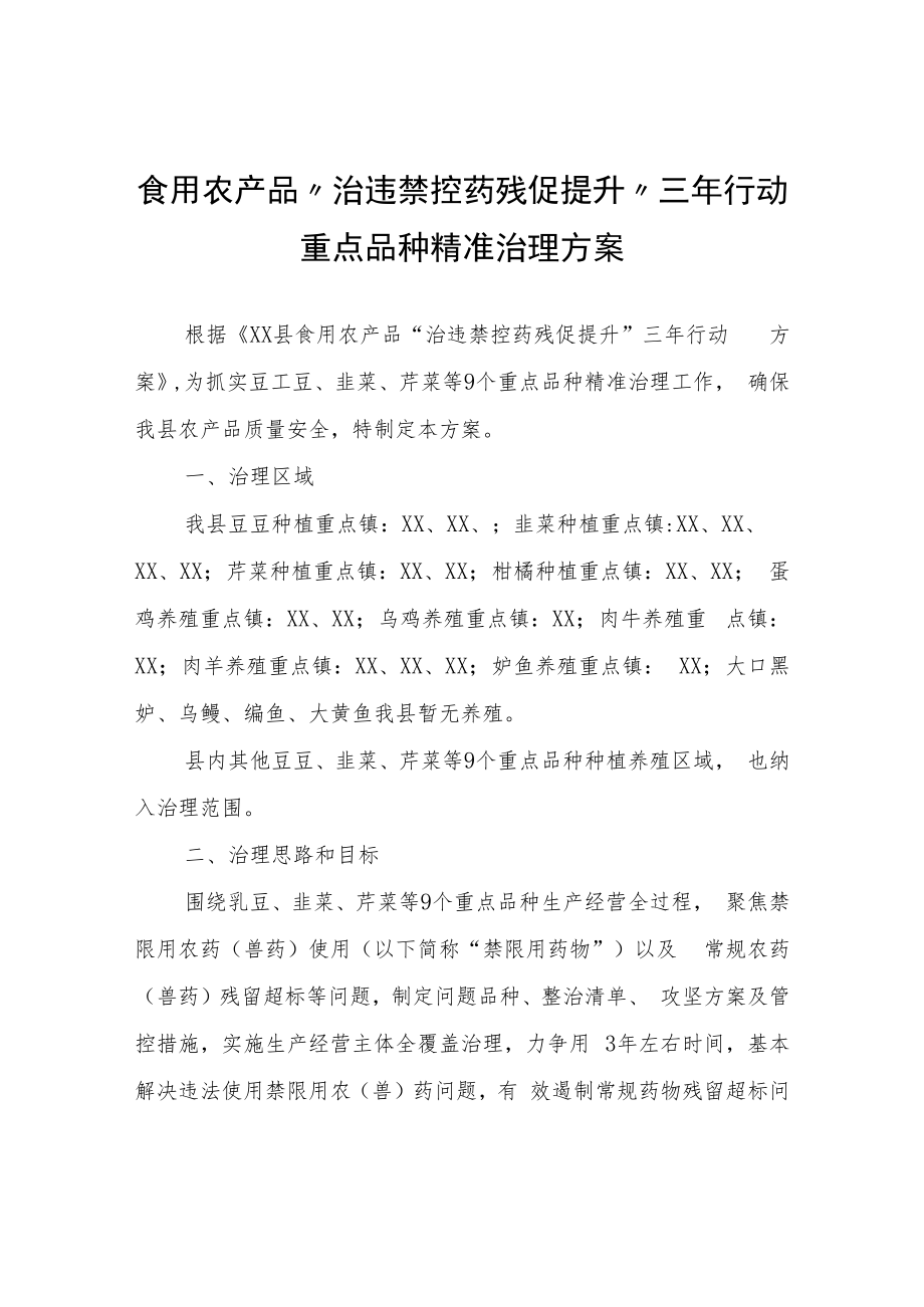 食用农产品“治违禁控药残促提升”三年行动重点品种精准治理方案.docx_第1页