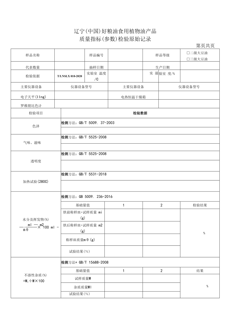 辽宁中国好粮油食用植物油产品质量指标参数检验原始记录.docx_第1页