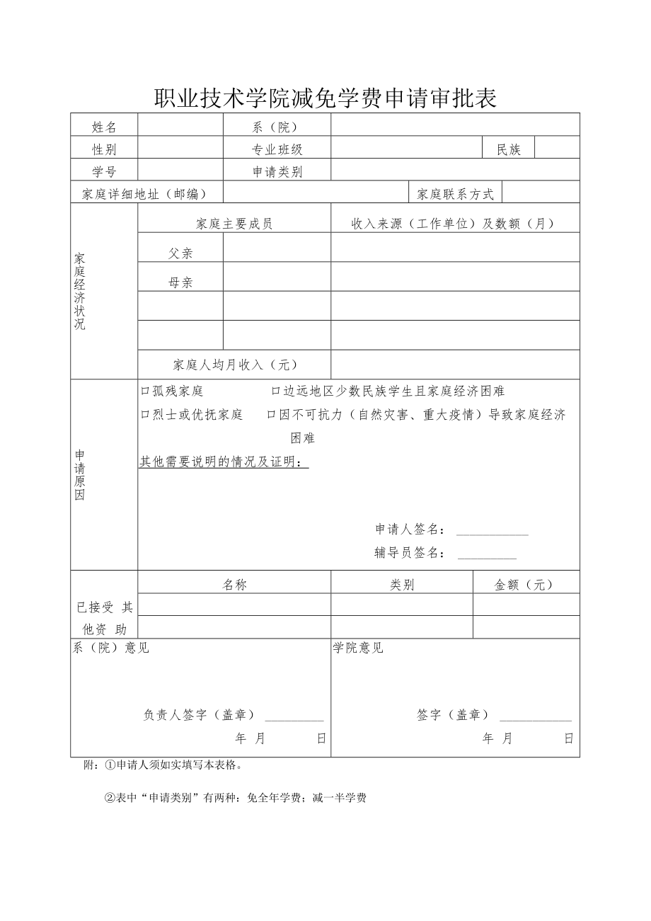 职业技术学院减免学费申请审批表.docx_第1页