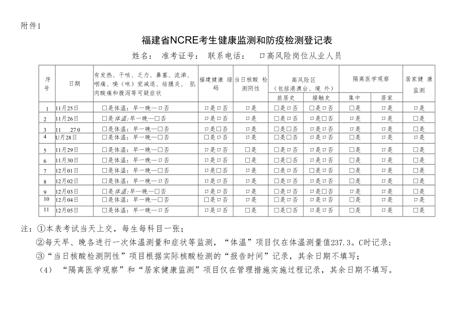 福建省NCRE考生健康监测和防疫检测登记表.docx_第1页