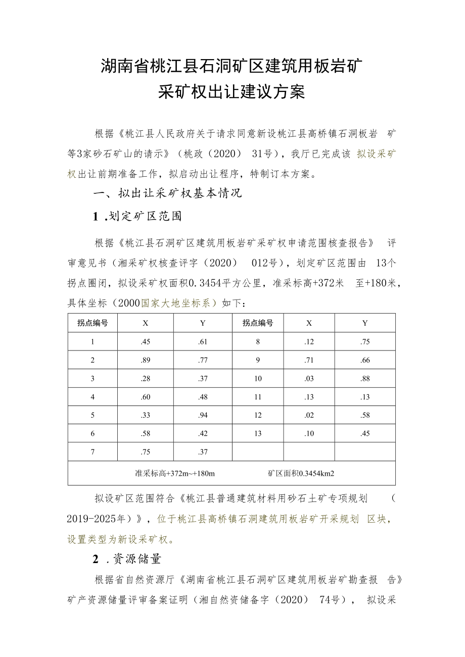 湖南省桃江县石洞矿区建筑用板岩矿采矿权出让建议方案.docx_第1页