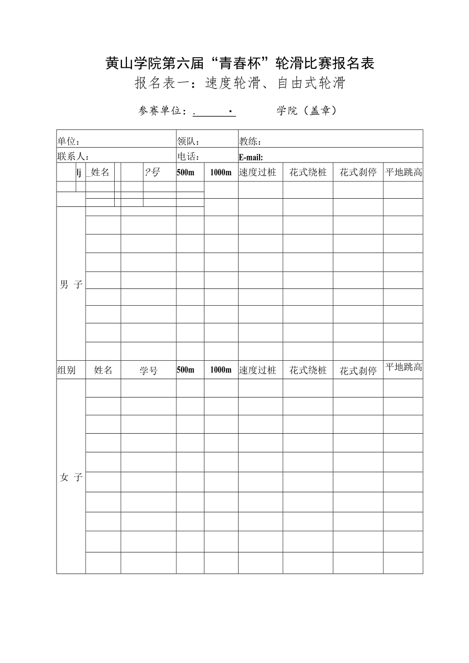 黄山学院第六届“青春杯”轮滑比赛报名表报名表一速度轮滑、自由式轮滑.docx_第1页