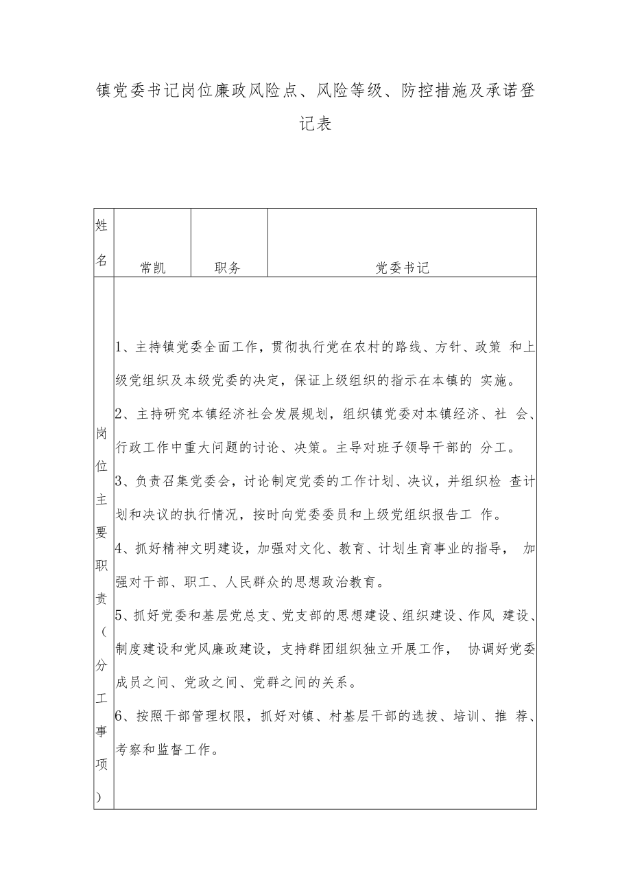 镇党委书记岗位廉政风险点、风险等级、防控措施及承诺登记表.docx_第1页