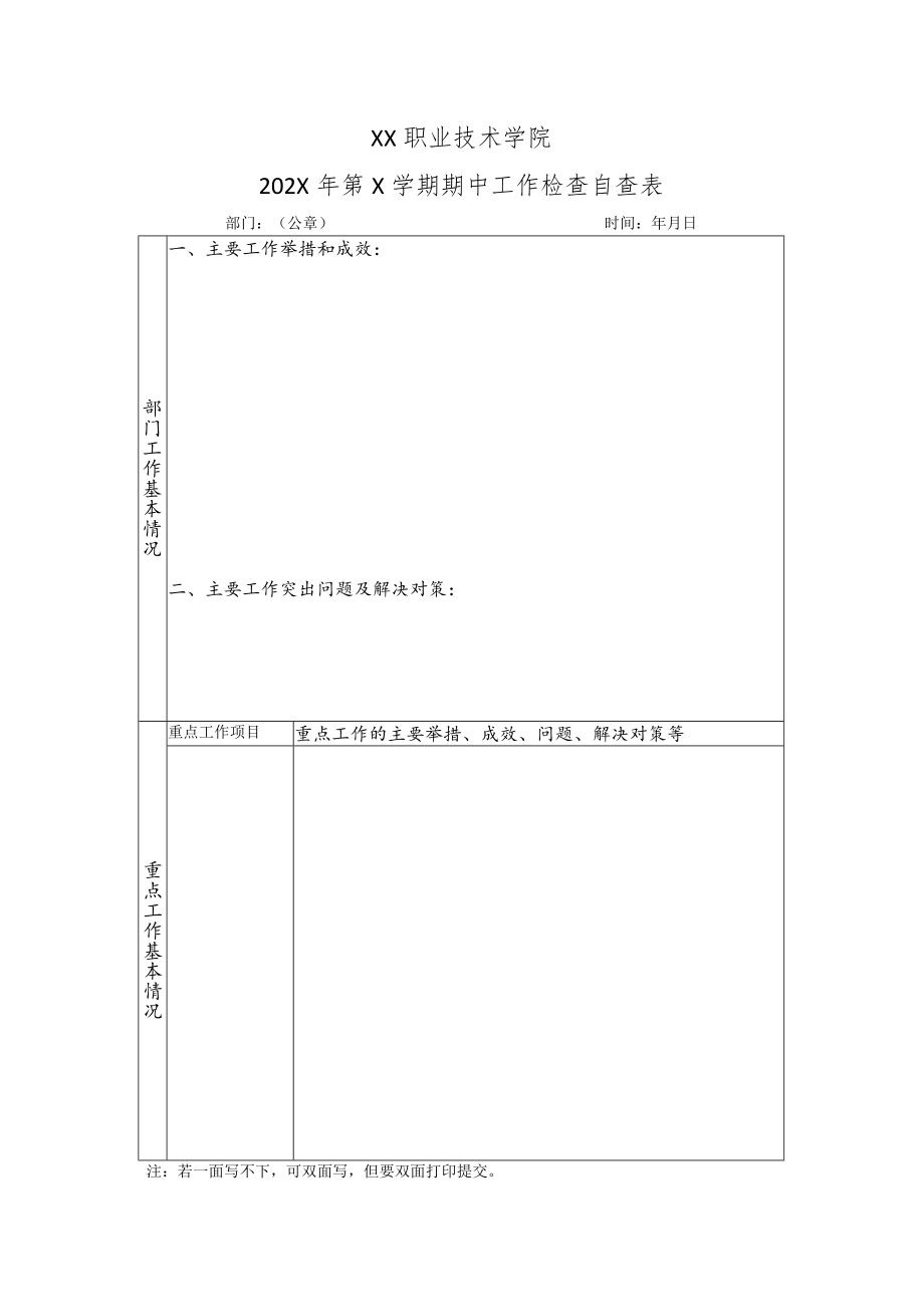 XX职业技术学院202X年第X学期期中工作检查自查表.docx_第1页