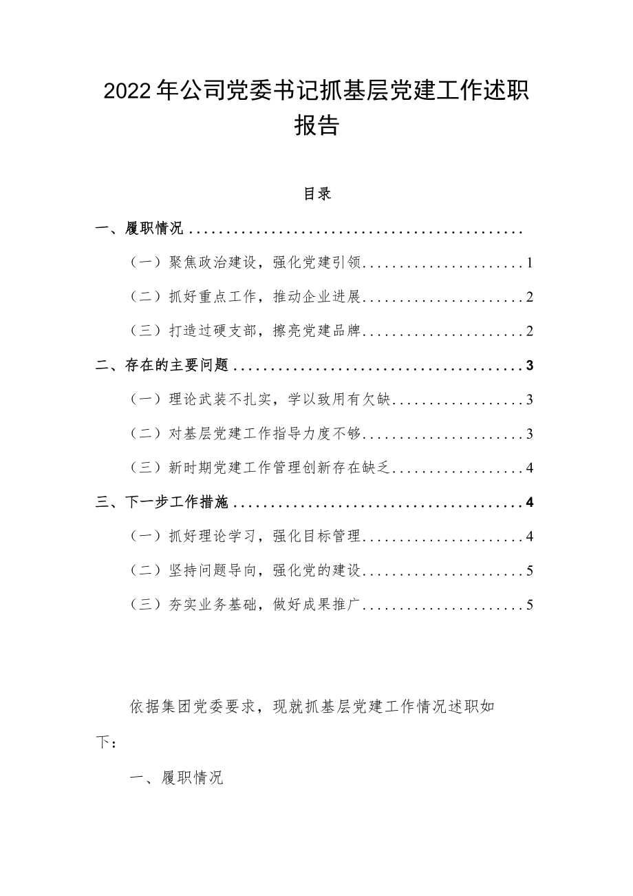 2022年公司党委书记抓基层党建工作述职报告.docx_第1页