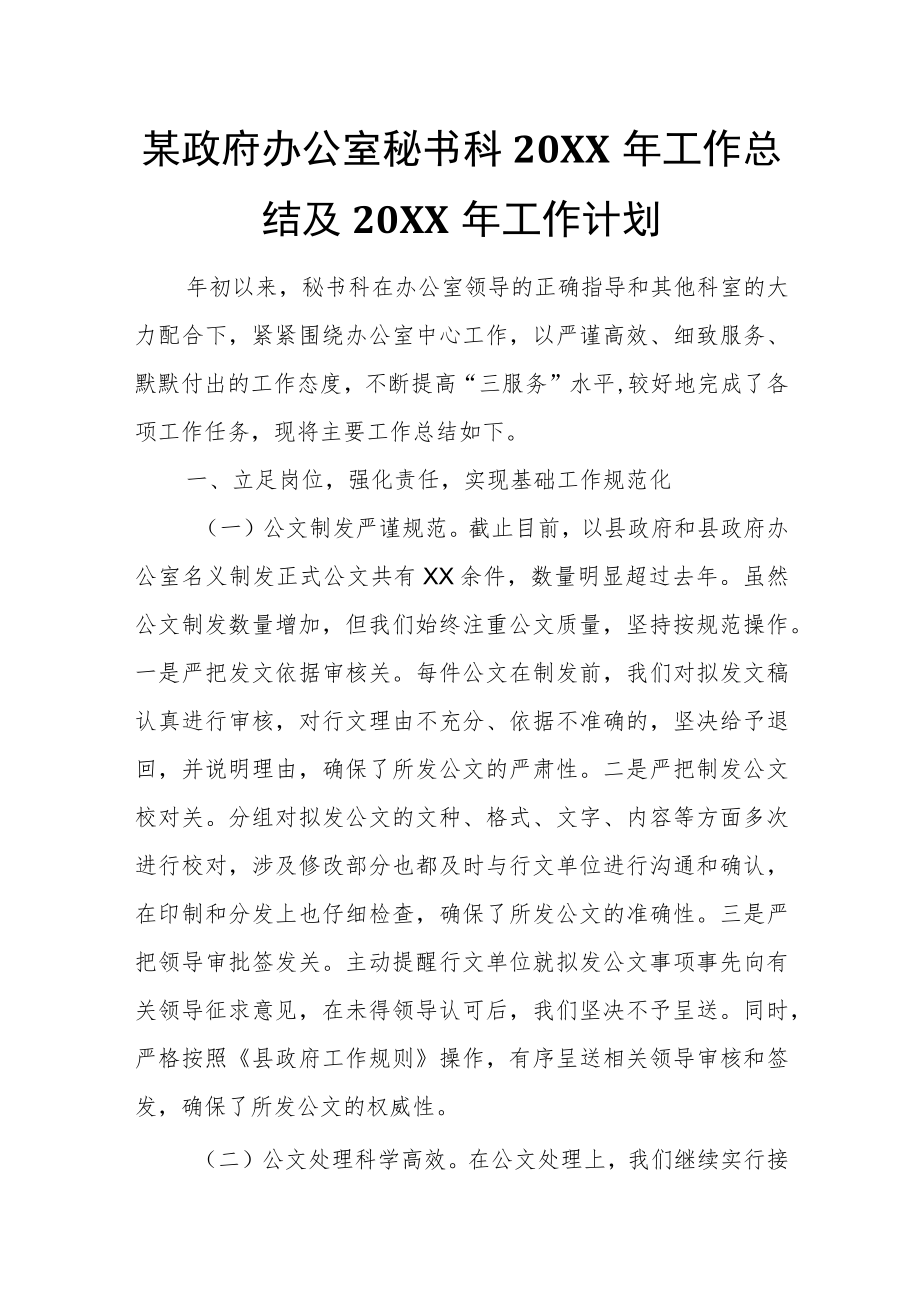 某政府办公室秘书科20XX年工作总结及20XX年工作计划.docx_第1页