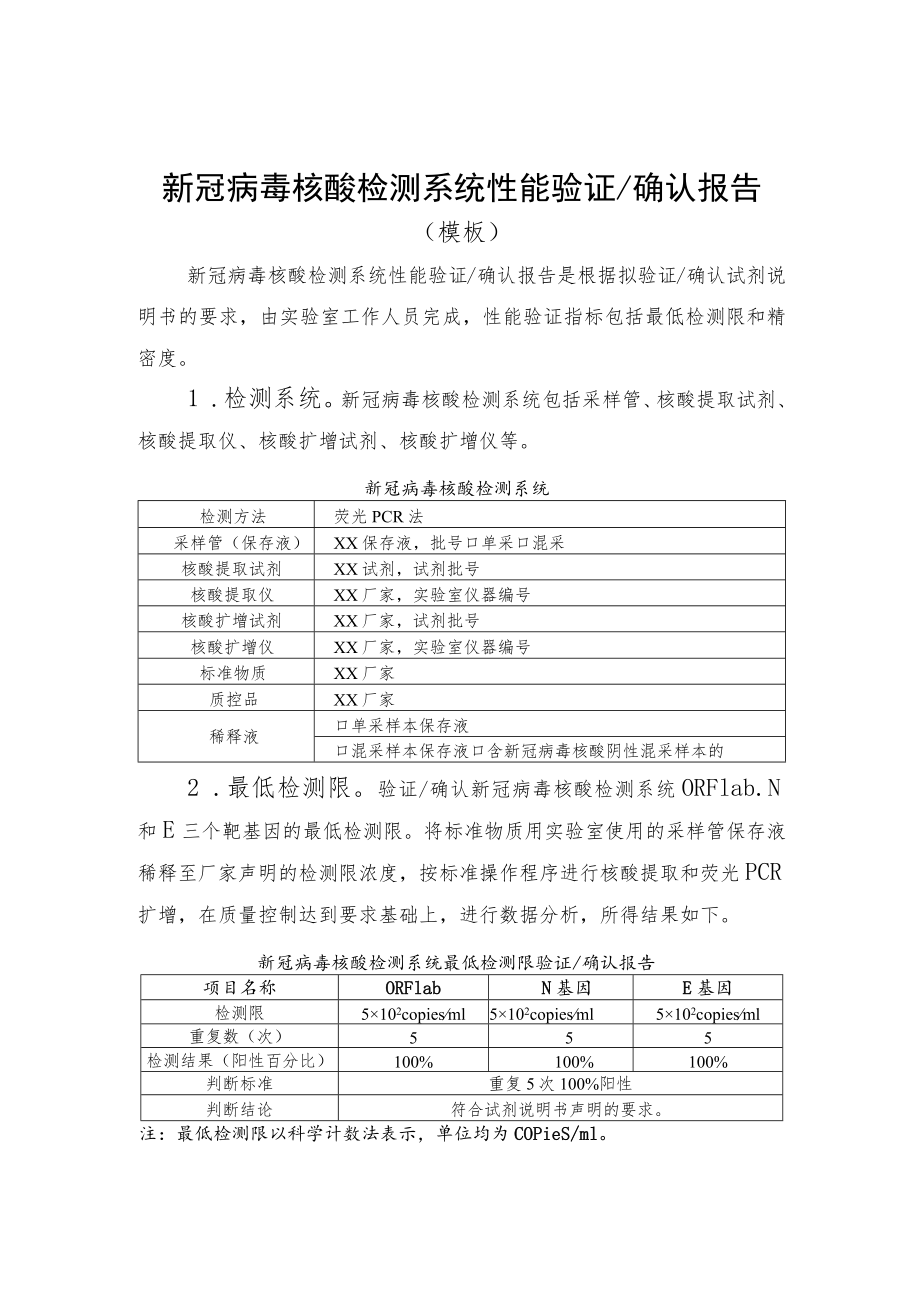 新冠病毒核酸检测系统性能验证确认报告、扩增试剂配制记录表、流程记录单、不合格样本记录表、检测报告、阳性结果记录表(模板).docx_第2页