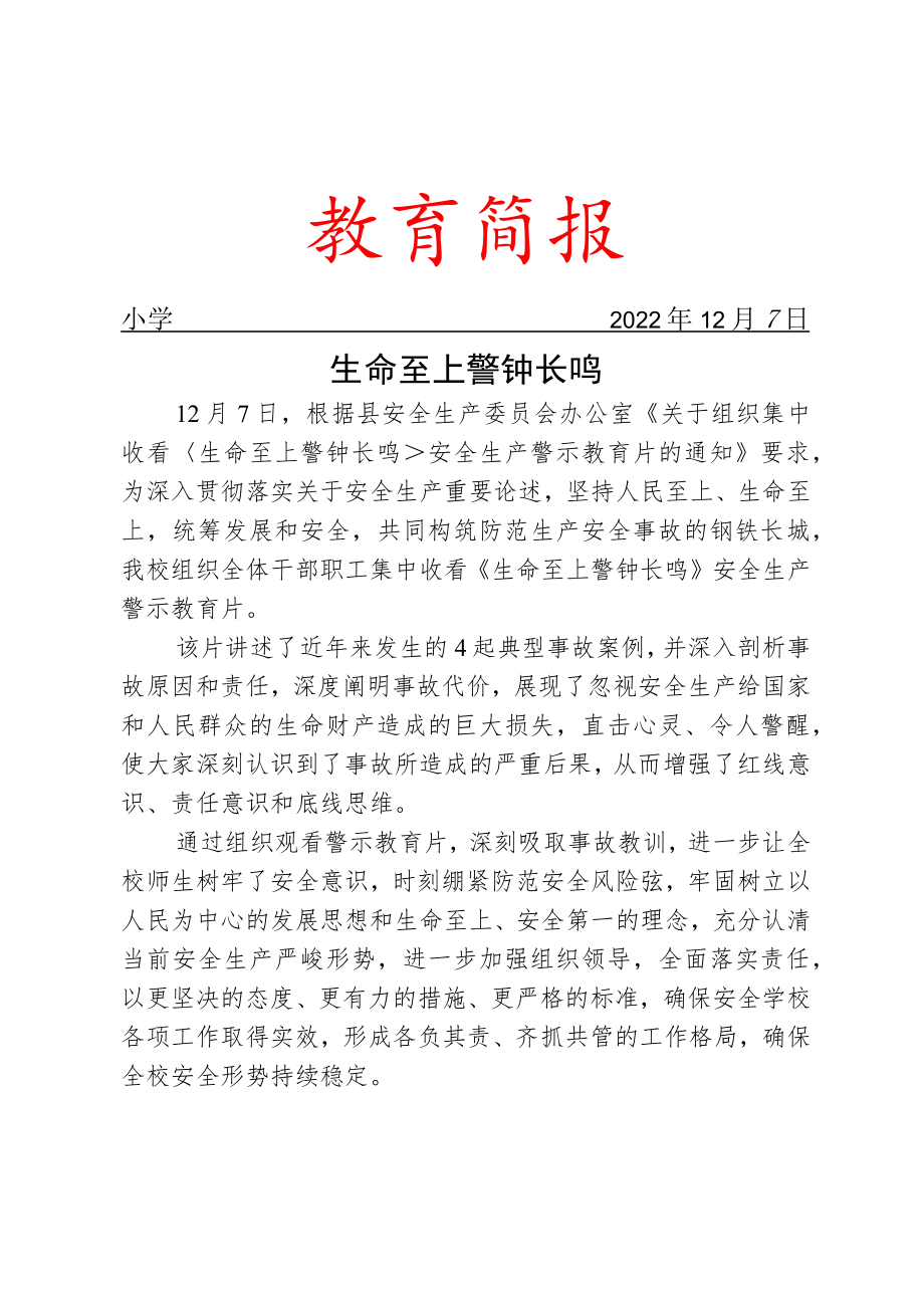 集中收看《生命至上 警钟长鸣》安全生产警示教育片简报.docx_第1页