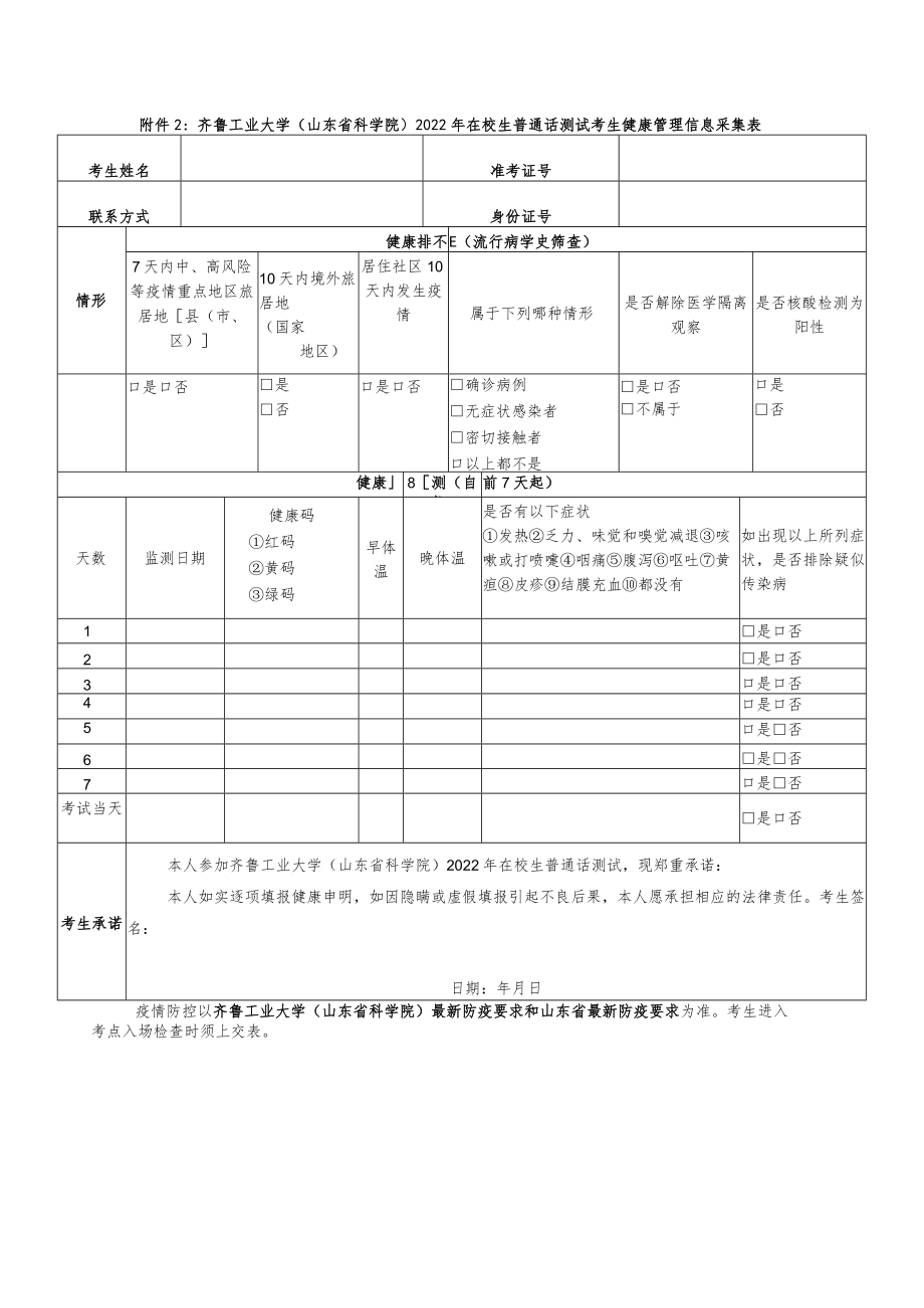 齐鲁工业大学山东省科学院2022年在校生普通话测试考生健康管理信息采集表.docx_第1页