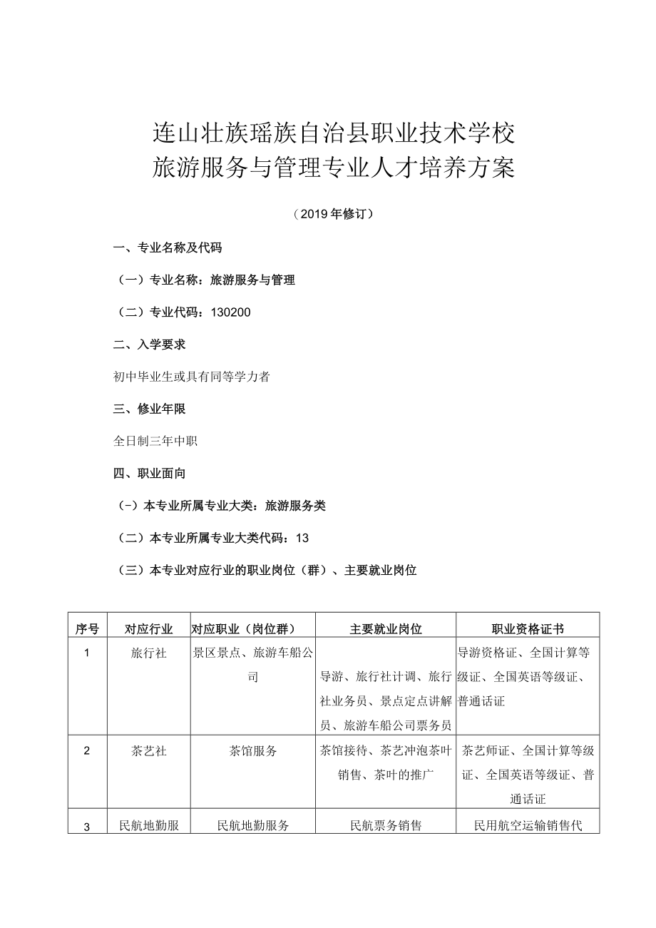 连山壮族瑶族自治县职业技术学校旅游服务与管理专业人才培养方案.docx_第1页