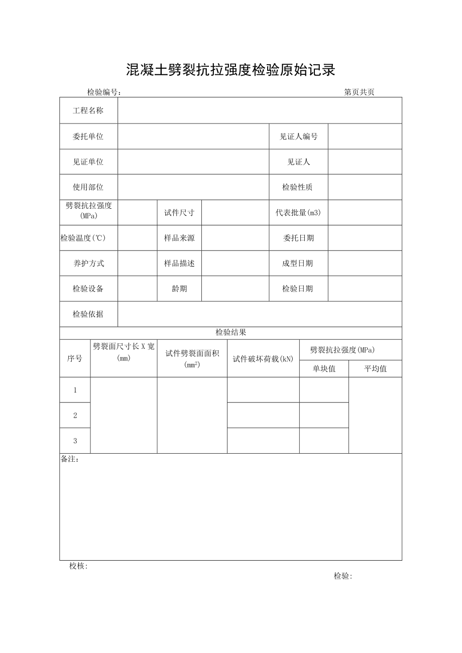 混凝土劈裂抗拉强度检验原始记录.docx_第1页