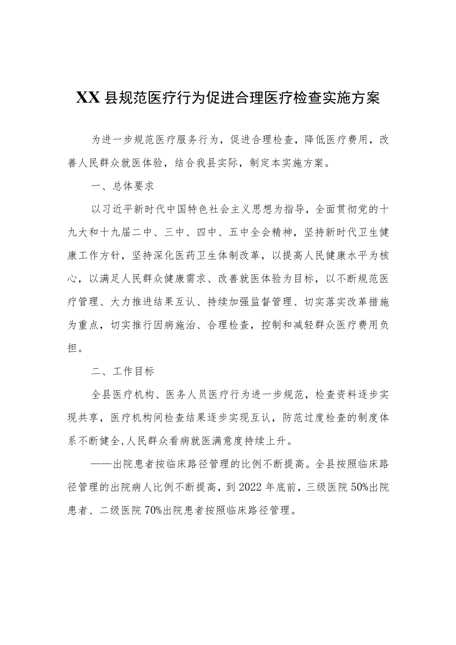 XX县规范医疗行为促进合理医疗检查实施方案.docx_第1页