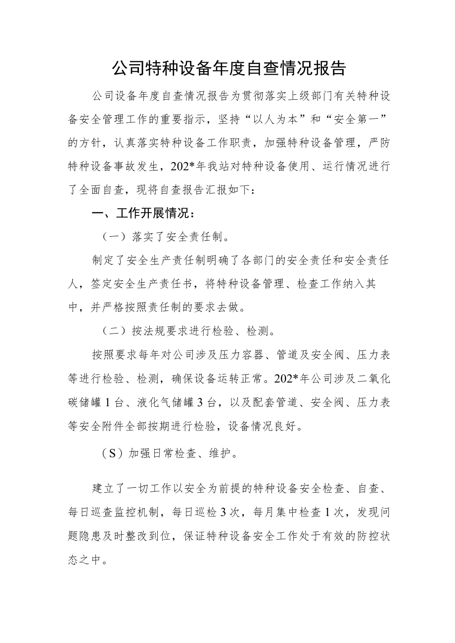 公司特种设备年度自查情况报告.docx_第1页