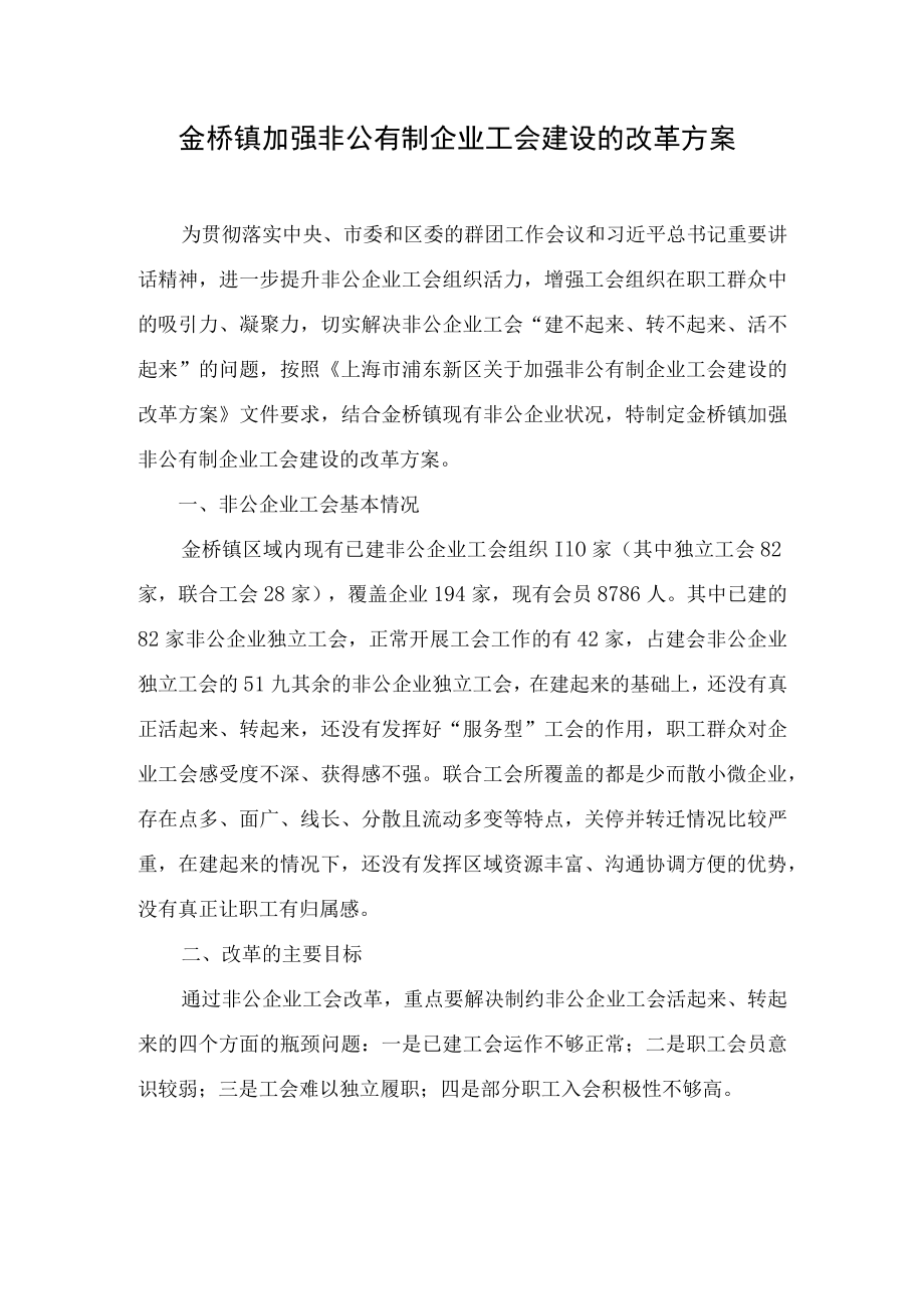 金桥镇加强非公有制企业工会建设的改革方案.docx_第1页