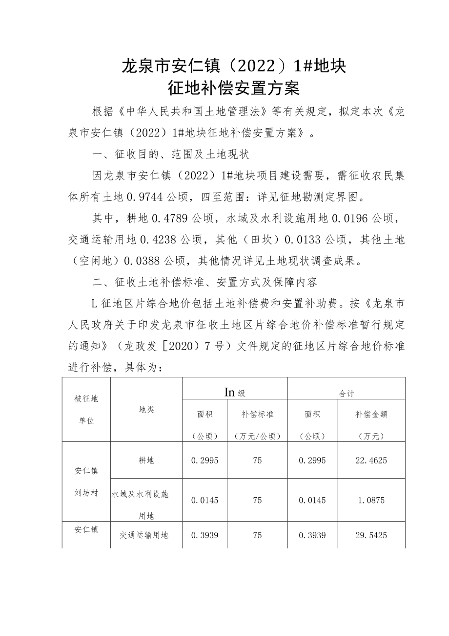 龙泉市安仁镇20221#地块征地补偿安置方案.docx_第1页