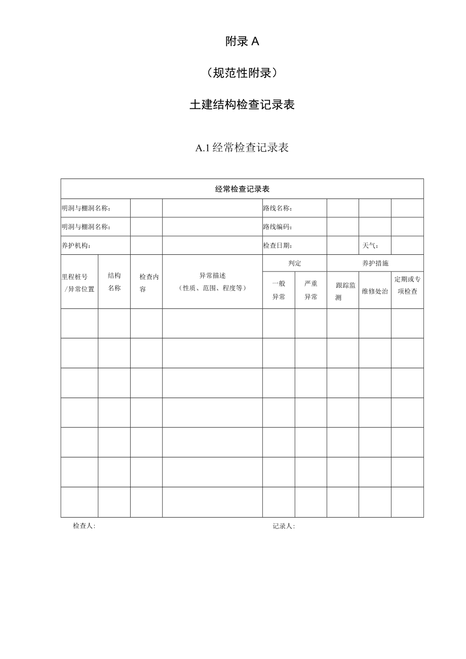 公路明洞与棚洞养护指土建结构检查记录表、土建结构技术状况评定标准.docx_第1页