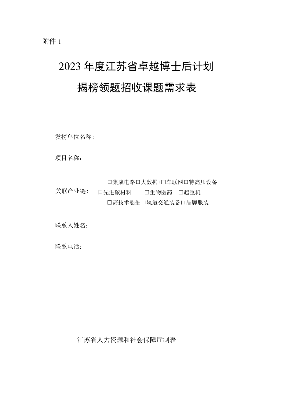 2023年度省卓越博士后计划揭榜领题招收课题需求表、2023年度江苏省卓越博士后计划申请书（模板）.docx_第1页