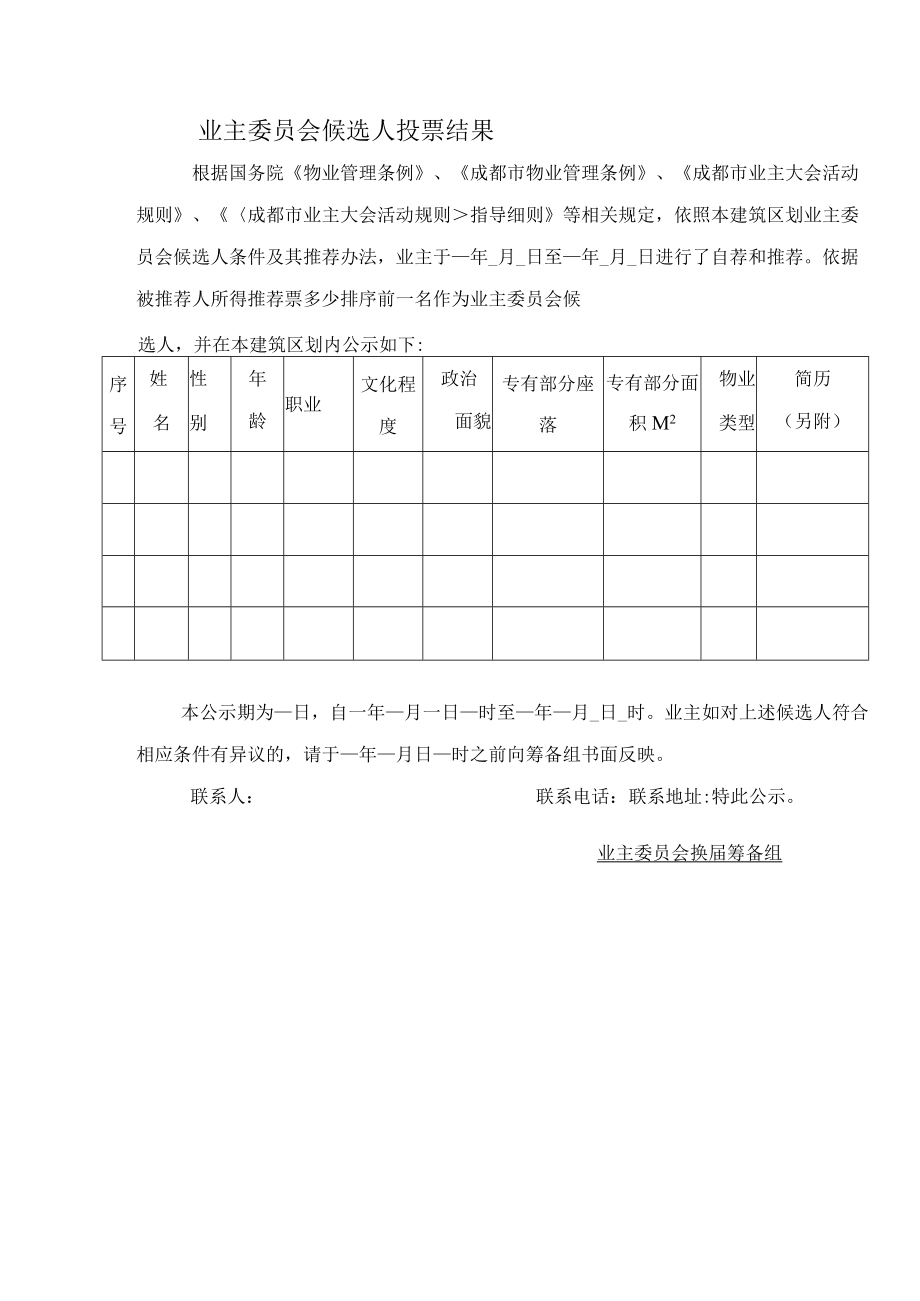 业主委员会候选人投票结果Word范本.docx_第1页