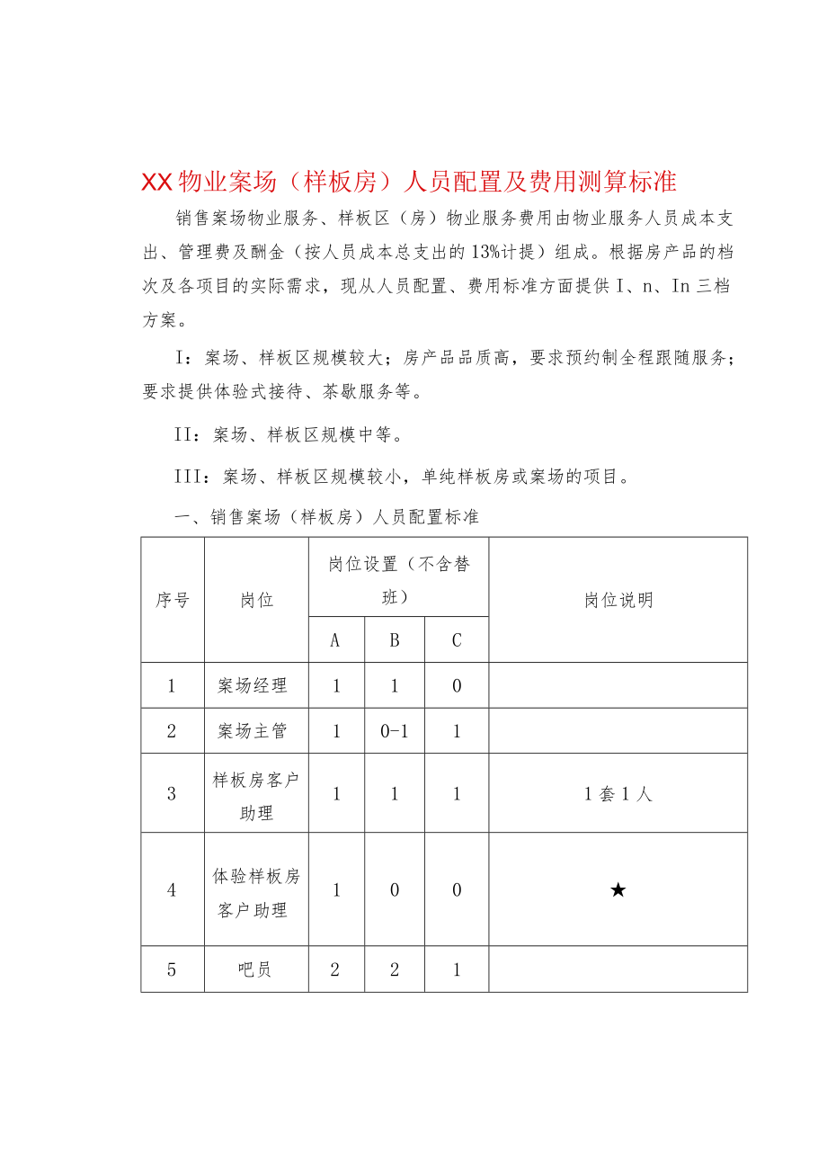 XX物业案场（样板房）人员配置及费用测算标准.docx_第1页