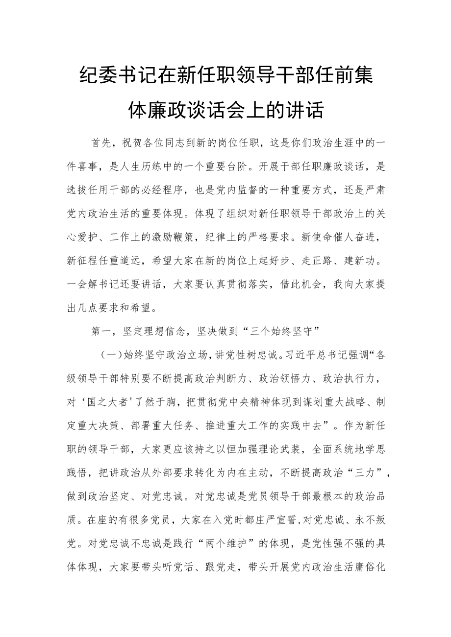 纪委书记在新任职领导干部任前集体廉政谈话会上的讲话.docx_第1页