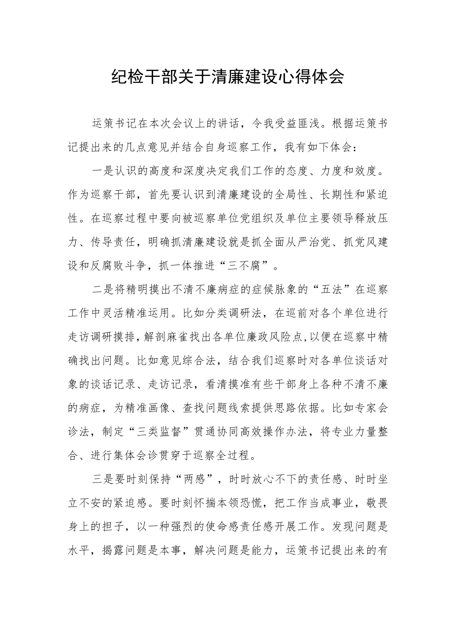 纪检干部关于清廉建设心得体会.docx_第1页