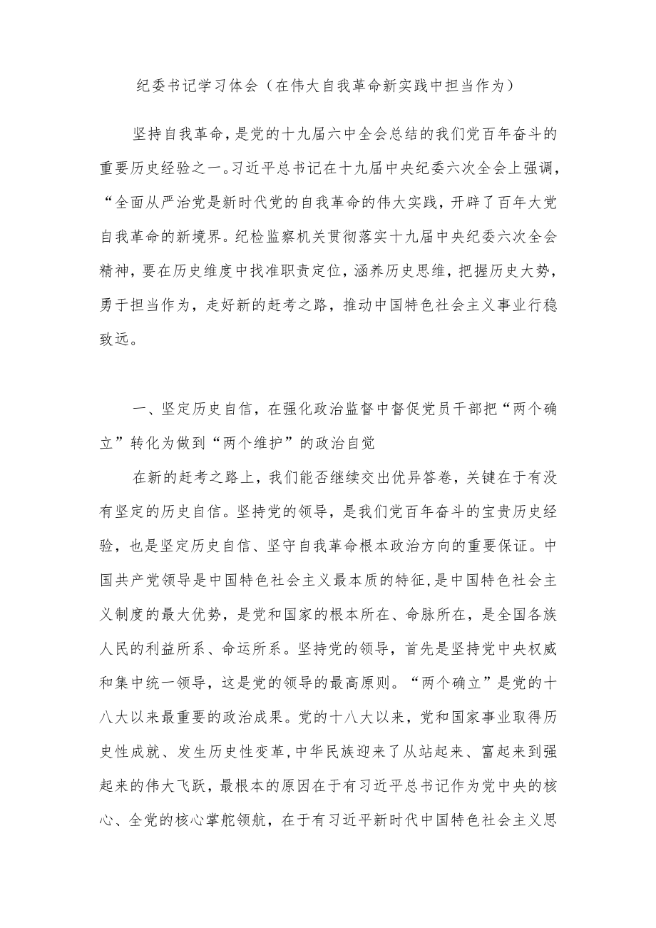 纪委书记纪检监察干部在伟大自我革命新实践中担当作为学习心得体会2篇.docx_第1页