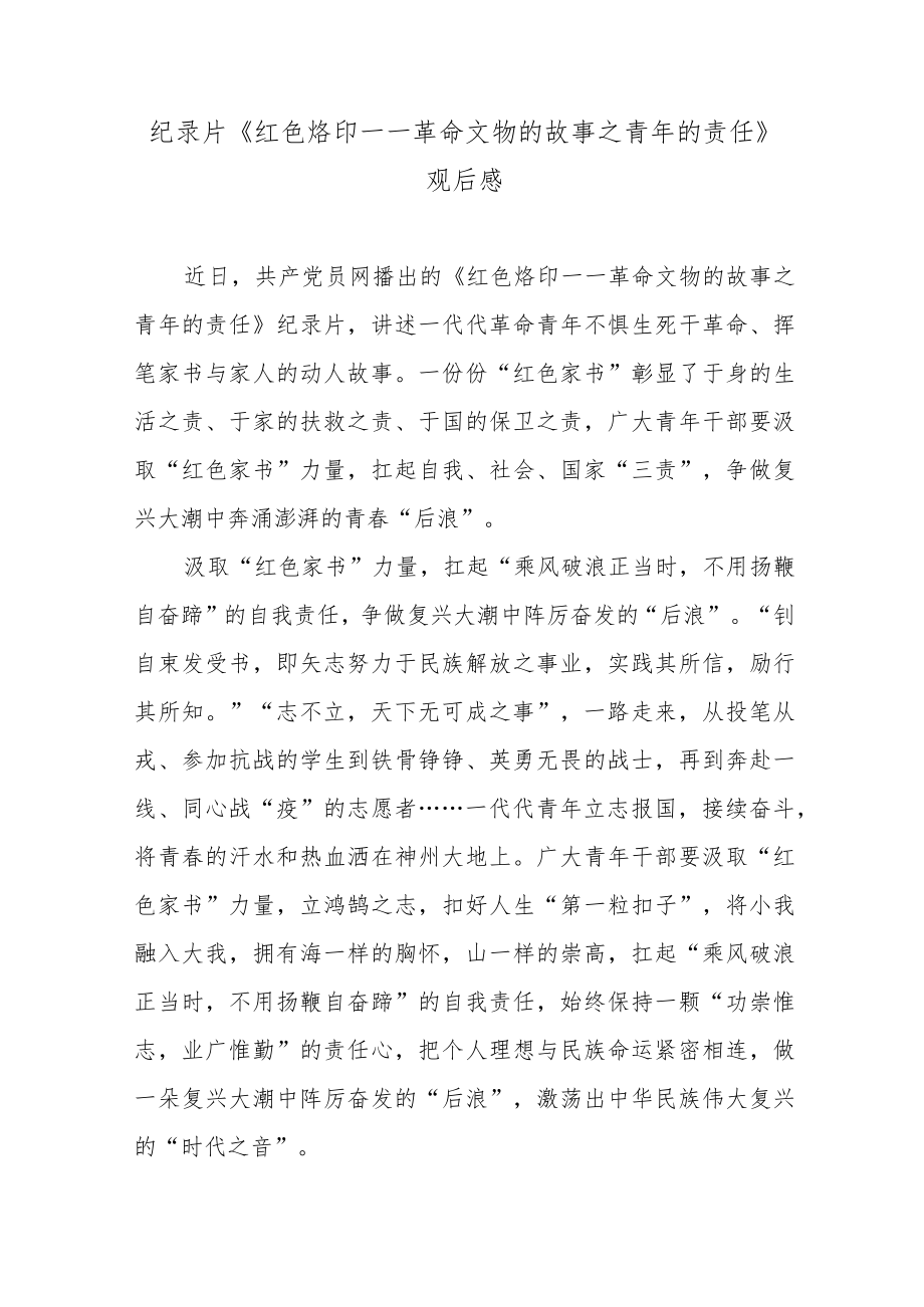 纪录片《红色烙印——革命文物的故事之青年的责任》观后感.docx_第1页